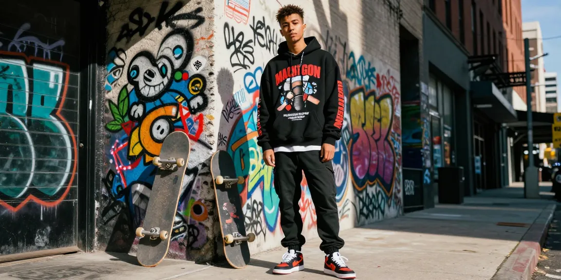 Fashion enthusiast in rokok88 daftar apparel, showcasing exclusive Machine Gun Kelly streetwear in urban setting.