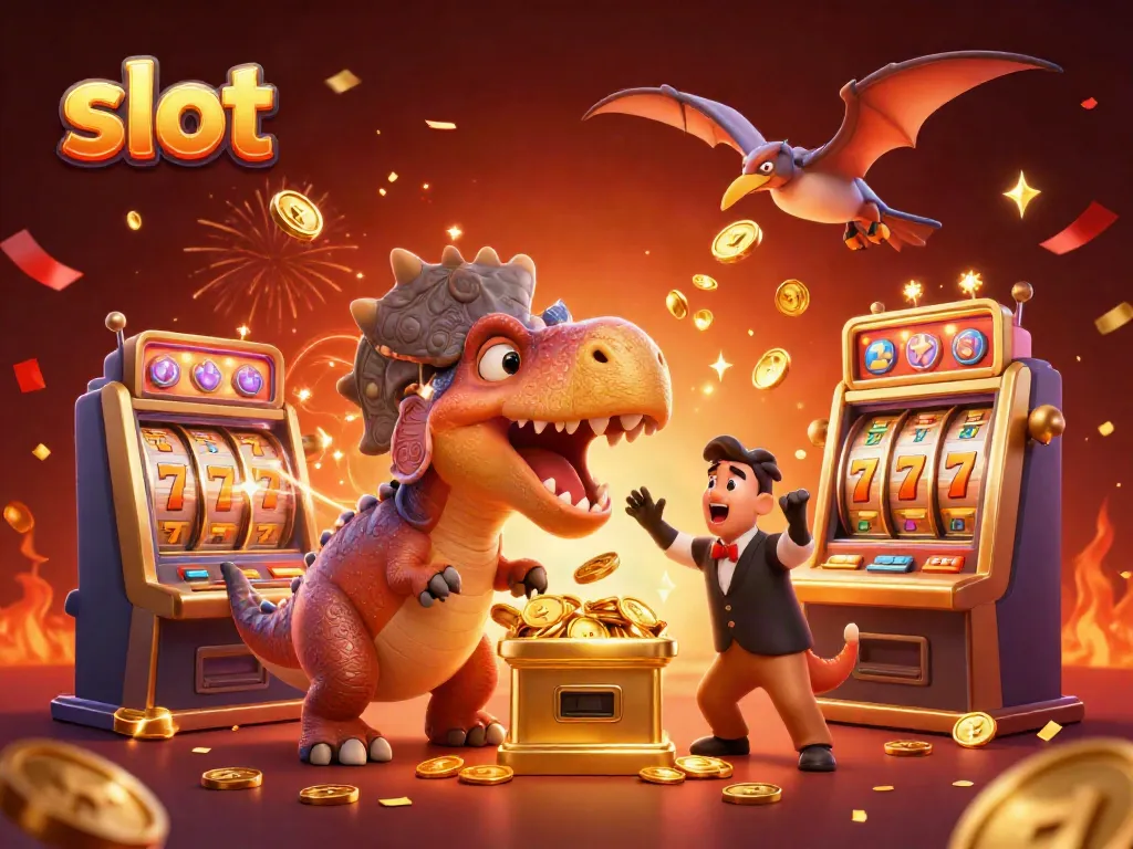 Experience slot action with a pachycephalosaurus boosting a jackpot while a panicked ankylosaur reacts.