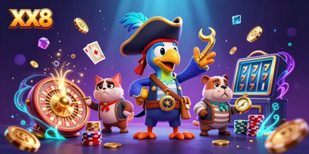 Spin to win with XX8 in this vibrant 3D casino scene featuring a pirate captain and dog, surrounded by dynamic game elements.