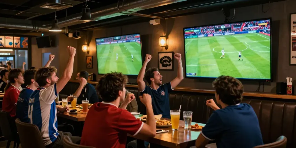Fans enjoying a live match at sports bar, bóng đá gavangtv broadcast on screen.