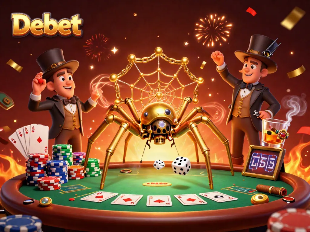 Engage in thrilling games at Debet, where a steampunk spider weaves golden webs of chance amidst poker excitement.