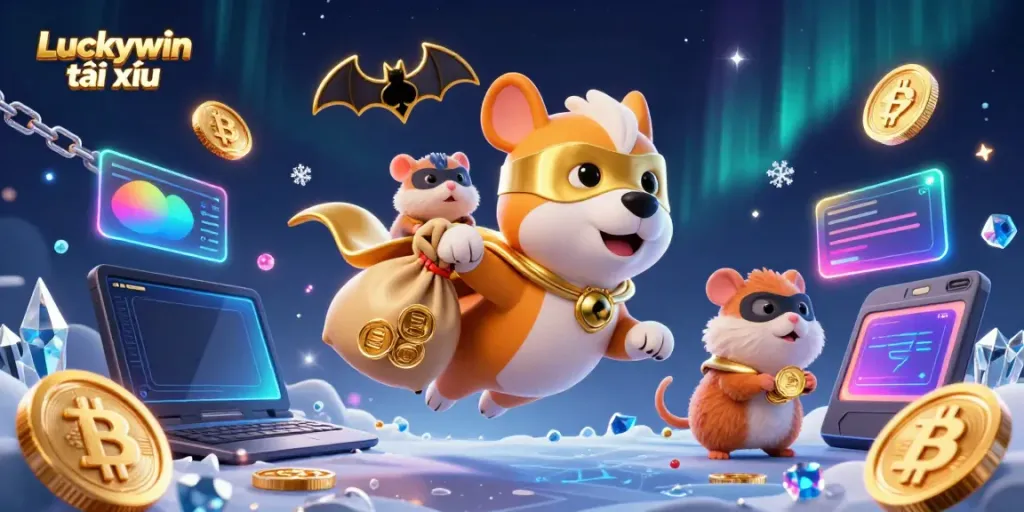 Experience exciting gameplay with Luckywin tài xỉu as our superhero dog and hamster discover riches in a lively casino scene.