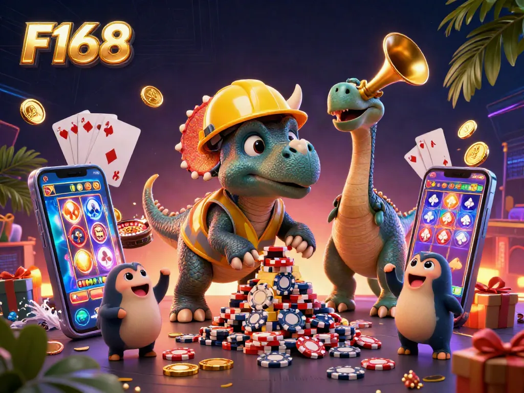 F168 showcases a vibrant casino scene with characters celebrating around poker chips.