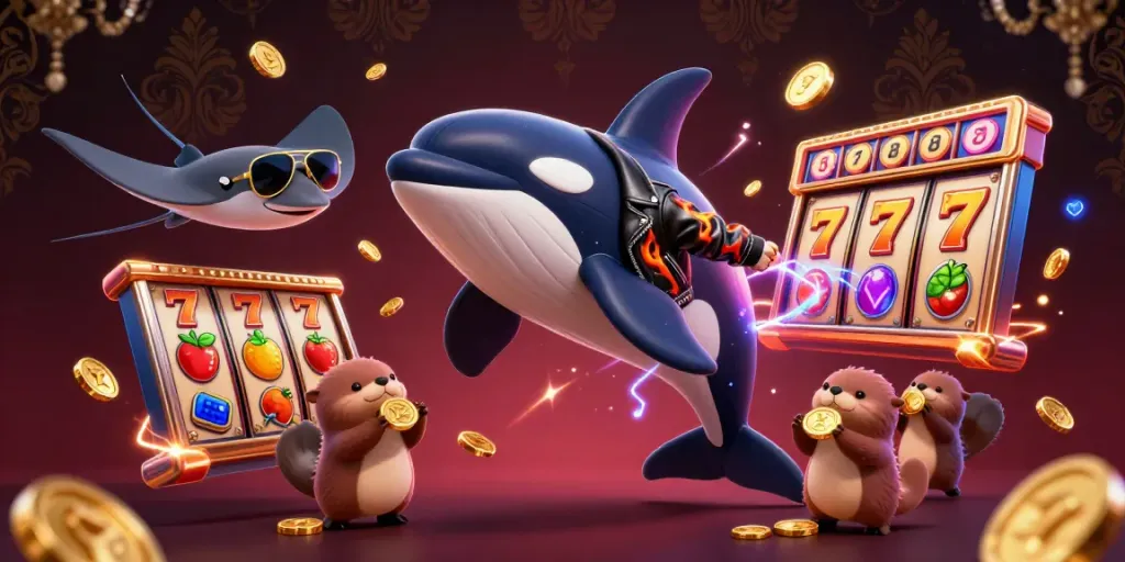 Experience GG88's vibrant casino excitement with a 3D whale, stingray, and otters amid thrilling slots and gold.