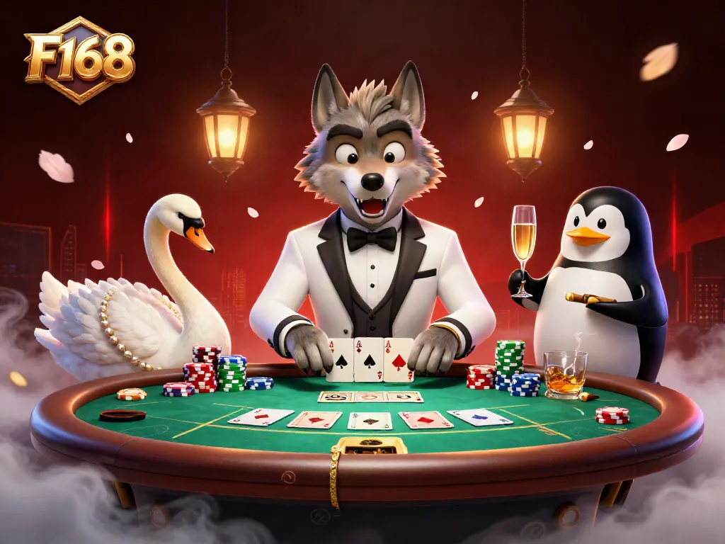 Experience the thrilling atmosphere of F168 with a cartoon wolf, swan dealer, and penguin sommelier.