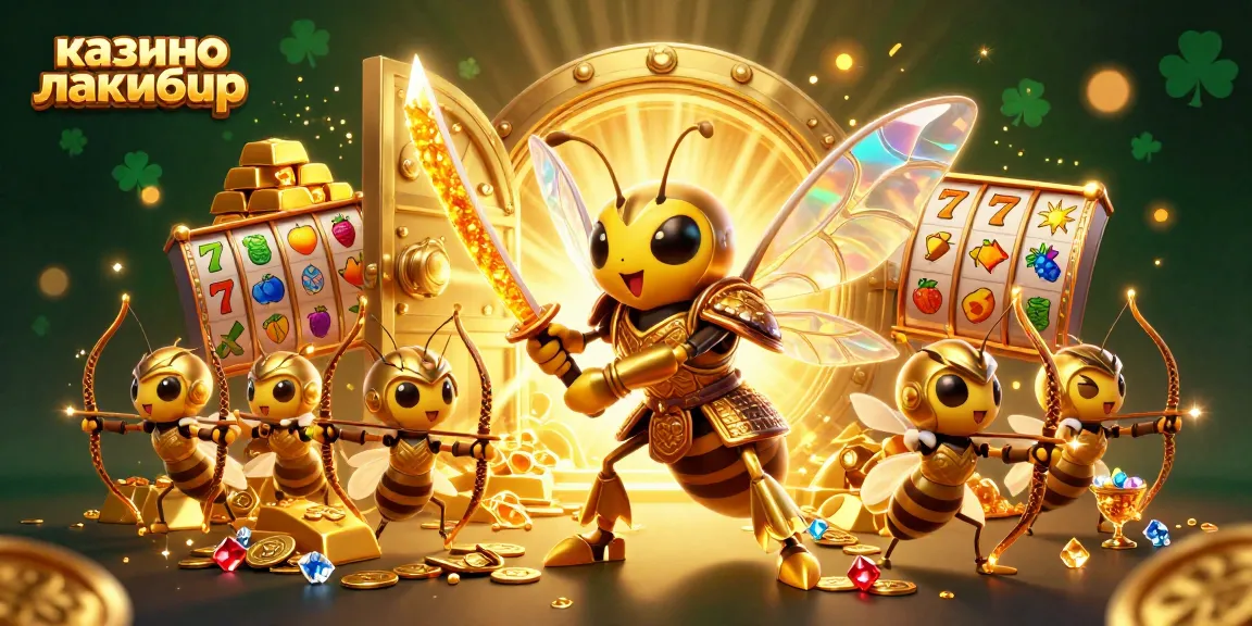 Engage in thrilling slots at казино лакибир with a vibrant 3D illustration of a golden hornet and treasure.