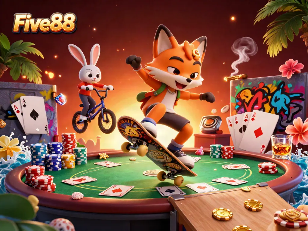 Five88 showcases a vibrant casino scene with a fox and rabbit performing thrilling stunts over poker chips.