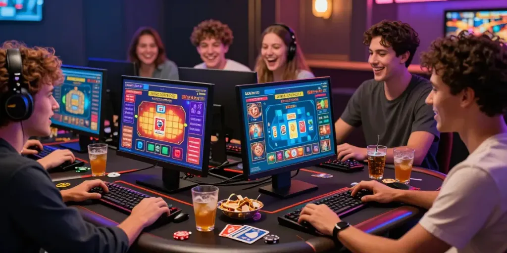 Group enjoying online credit card casinos while playing games together, showcasing fun and engagement.