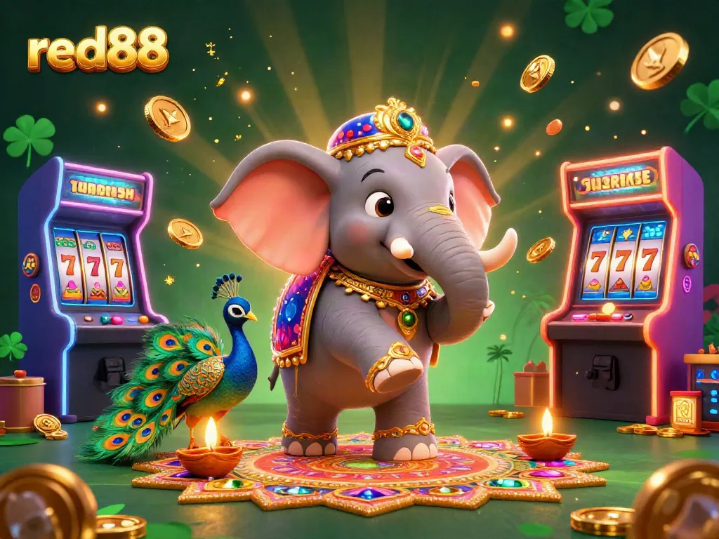 Experience the excitement at red88 with vibrant 3D casino-themed visuals featuring colorful slot machines and games.