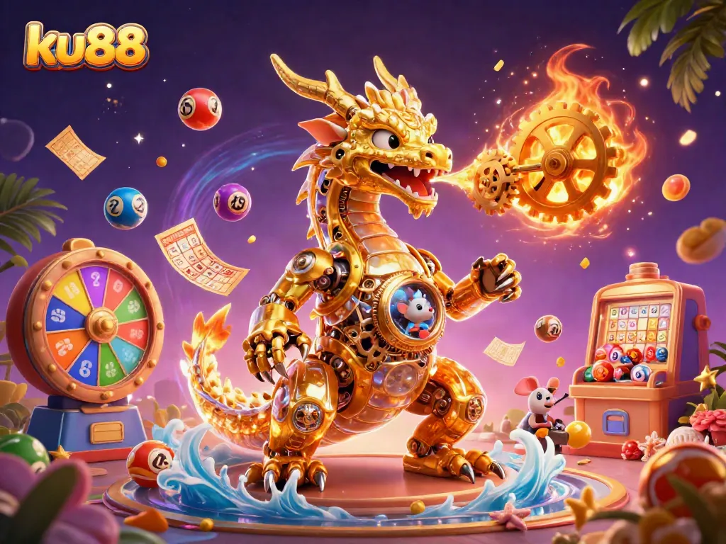ku88 dragon releasing golden gears amidst colorful lottery elements in a vibrant casino scene