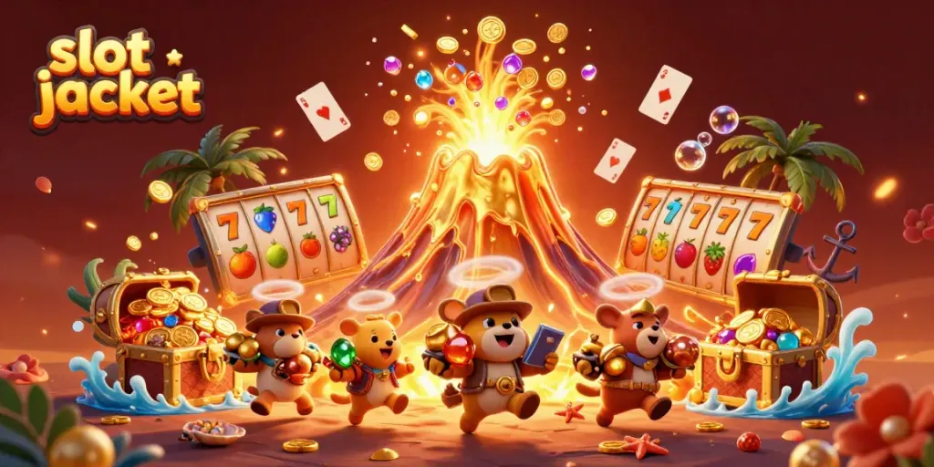 Experience the excitement of slot jackpot wins with a vibrant 3D volcano erupting coins and treasure.