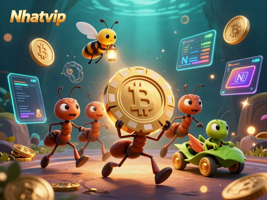 Nhatvip showcases a dynamic 3D heist scene with ants, gold poker chips, and crypto elements.
