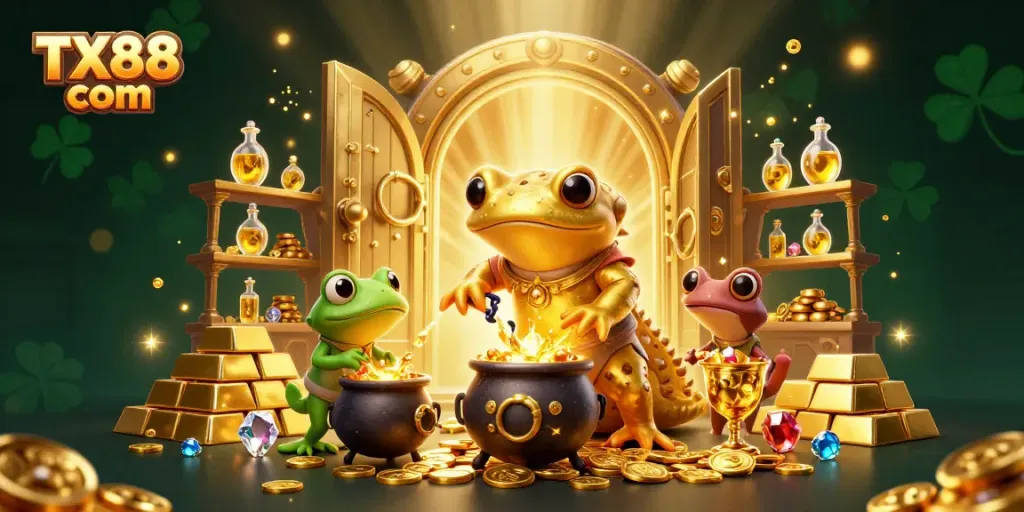 Engage in thrilling gaming with TX88 com in a vibrant, magical scene full of gold coins and treasure.