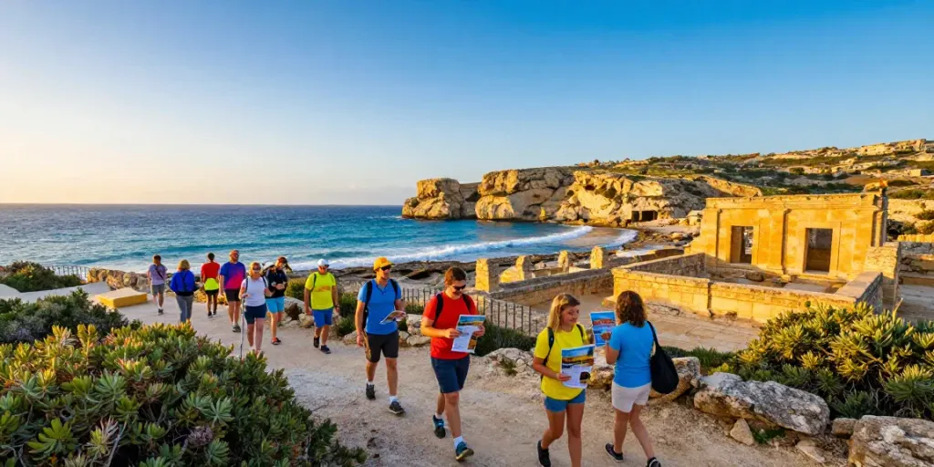 Travelers on Gozo tours exploring scenic coastal landscapes and ancient ruins.