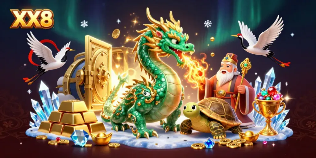 Experience thrilling moments with the enchanting XX8 jade dragon amidst treasures and fortune.