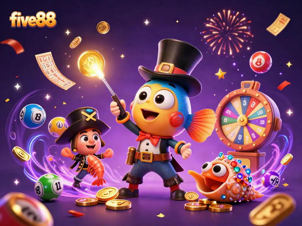 Experience the excitement of five88 with this vibrant casino-themed illustration featuring magical elements.