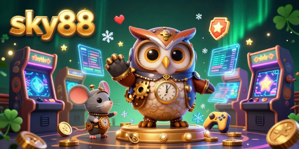 Engage with sky88's thrilling casino world, featuring a unique 3D owl character amidst dynamic game elements.