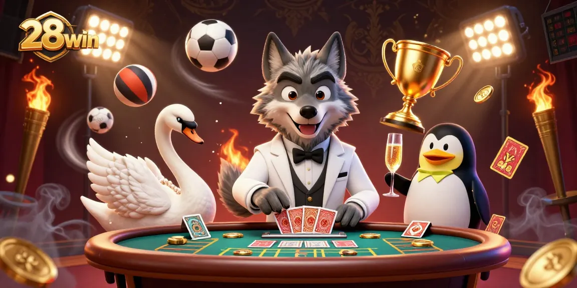 Experience fast-paced excitement with 28win as the wolf, swan, and penguin entertain at a vibrant casino.