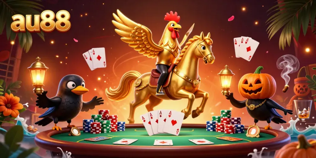 Experience thrilling gameplay at au88 with golden rooster and poker elements in a vibrant casino.