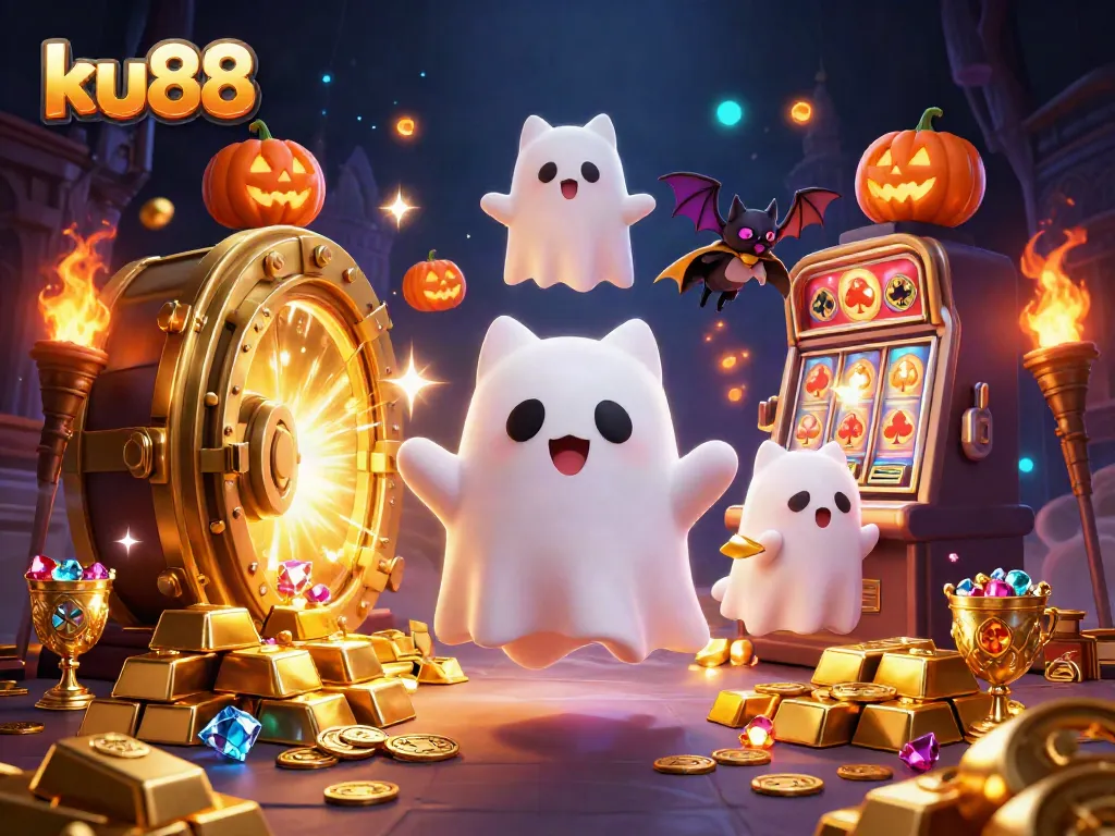Experience thrilling casino action with ku88's ghost cat and vampire bat among golden treasures.