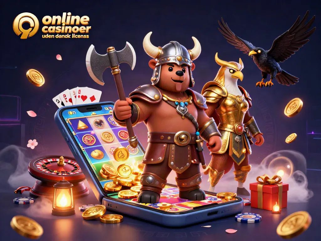 Engage with online casinoer uden dansk licens featuring a Viking berserker bear and Valkyrie eagle in a vibrant 3D scene.