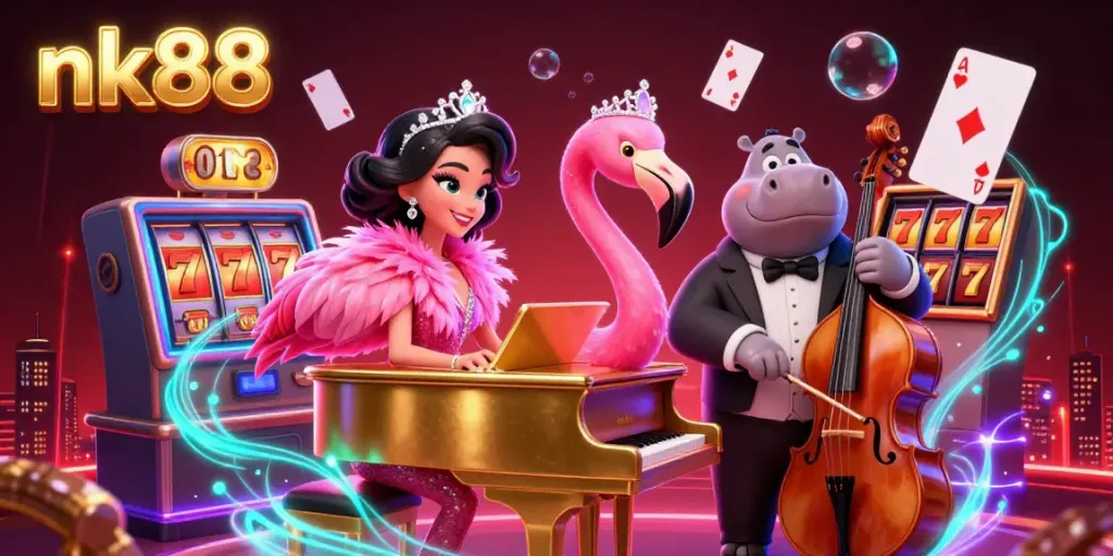 Experience nk88 with a vibrant flamingo singer and hippo bassist in a rich, casino-themed illustration.