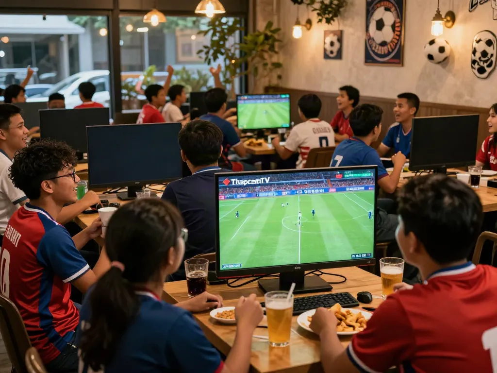 Fans enjoying live football on ThapcamTV at a lively café, with team jerseys and snacks around.