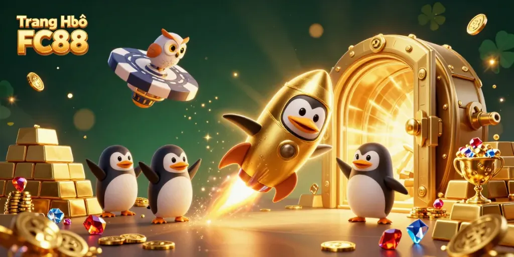 An exciting scene showcasing the Trang Chủ FC88 with a golden penguin blasting off to a casino in space, filled with wealth-themed elements.