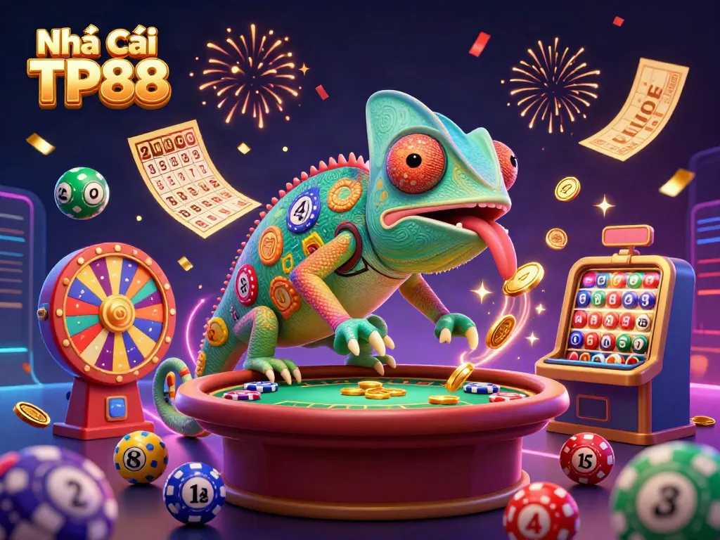 Experience the thrill of Nhà cái TP88 with a vibrant chameleon casino owner amidst colorful gambling elements.