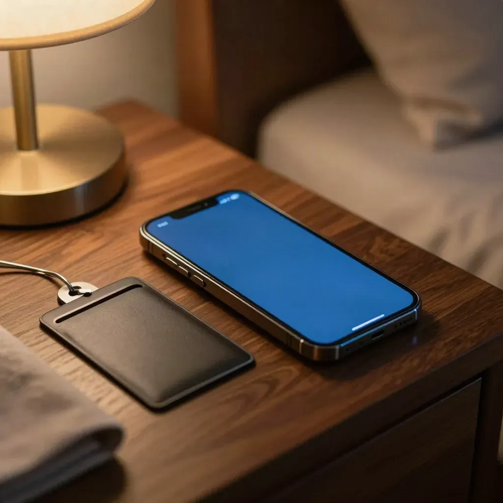Dark phone, glowing wallet screen, and slim card sleeve on a walnut bedside table