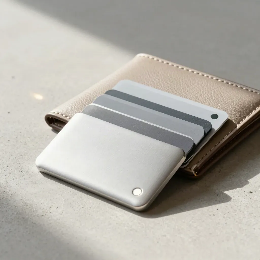 Card wallet top-up setup with a hardware puck, travel pouch and NFC bridge on pale concrete.