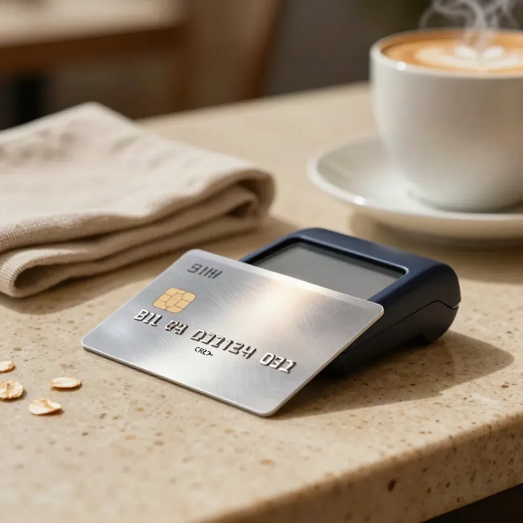 Crypto debit card and contactless terminal on a travertine café counter with cappuccino and napkin.