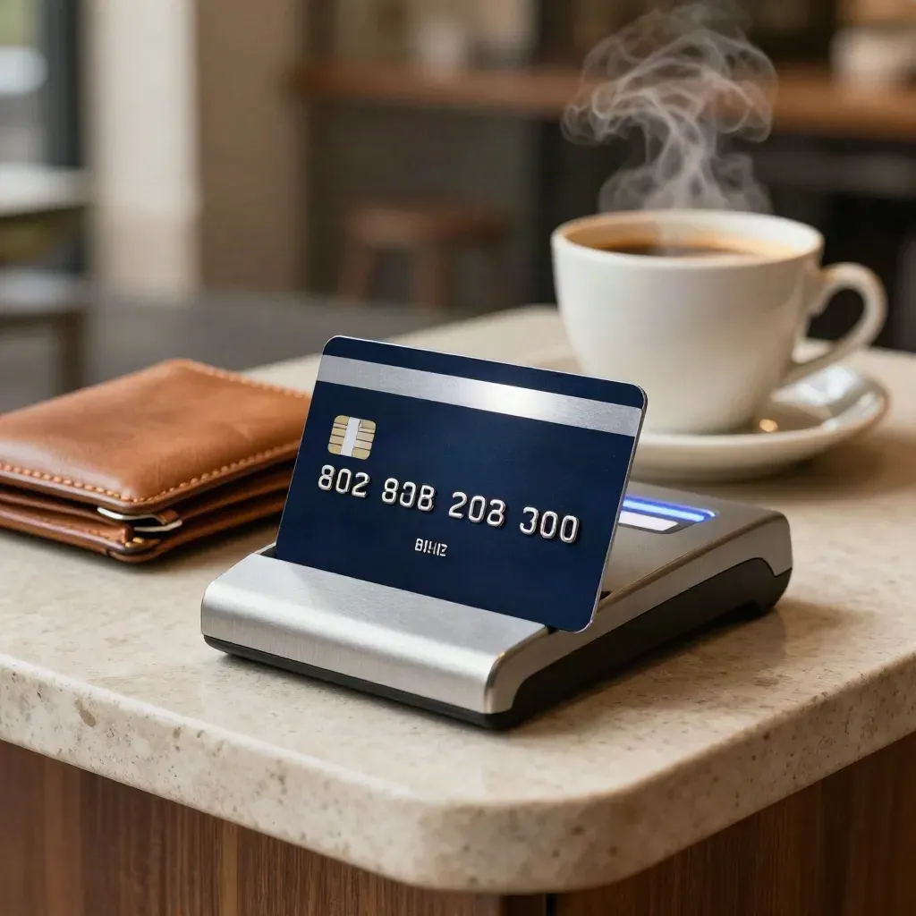 Midnight-navy crypto card at a contactless reader beside wallet and espresso on pale stone.