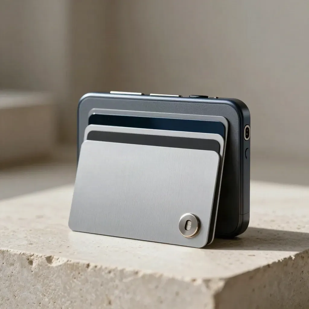 Secure card case with three payment cards, lock puck, and control tile on pale stone