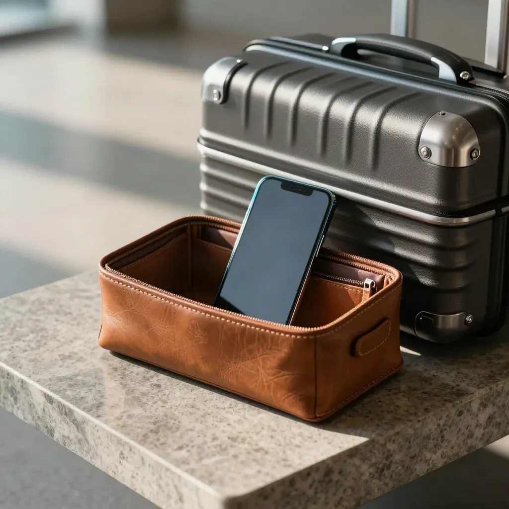 Leather organizer, phone, and carry-on on stone in moody blue-lit airport light