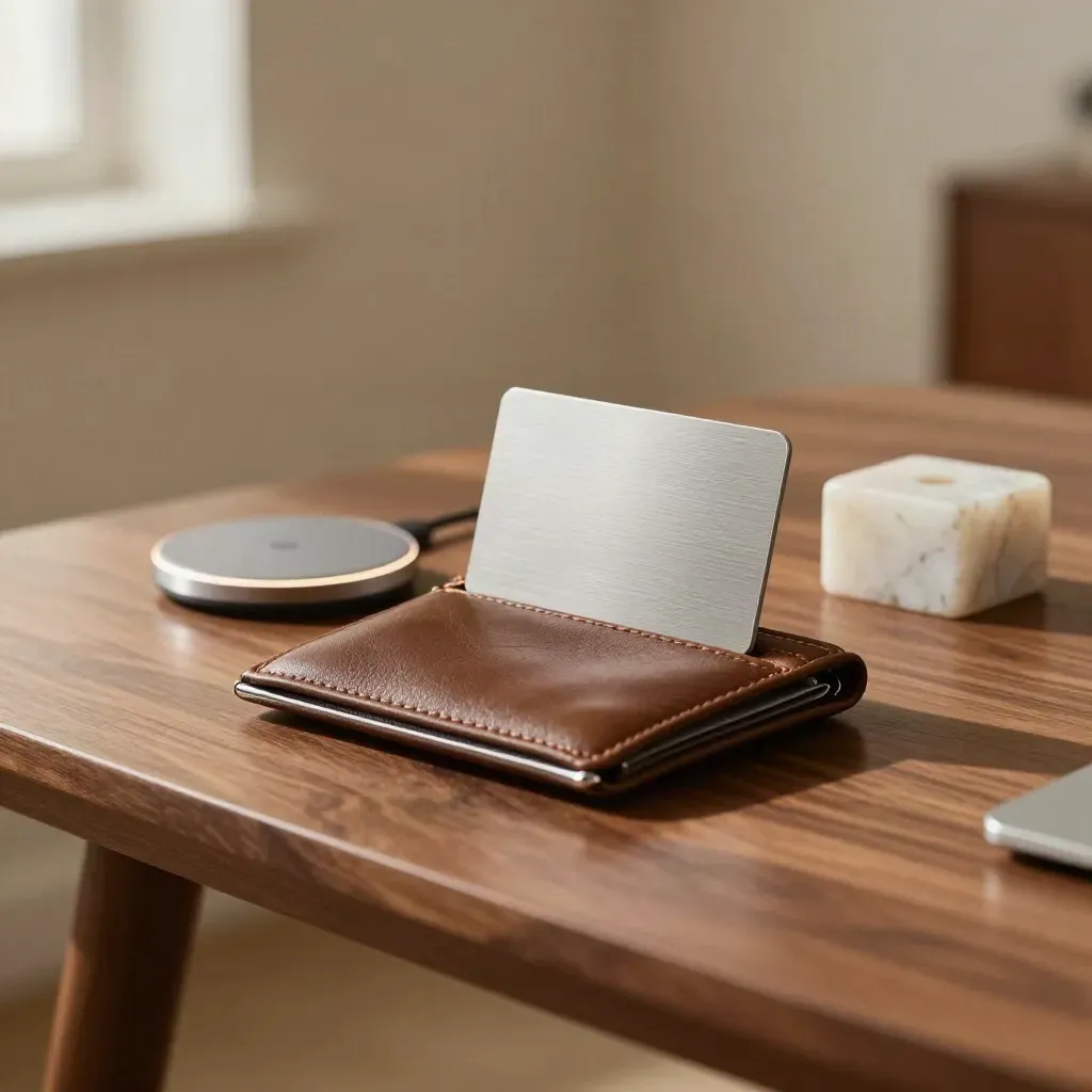 Wallet, metal card, charger puck and stone weight on a sunlit Milan walnut desk