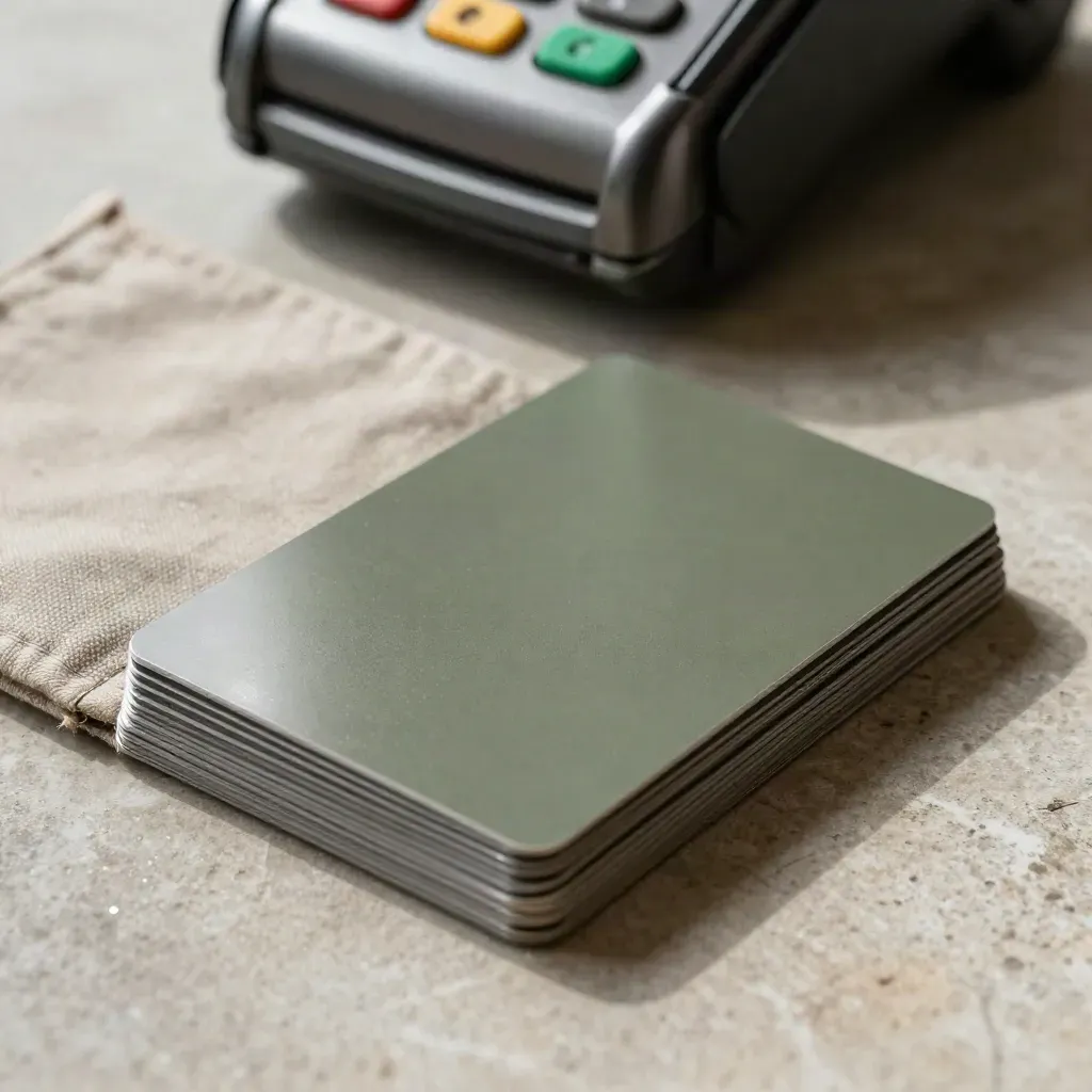Blank cards, merchant terminal edge, and linen sleeve in a textured macro still life.