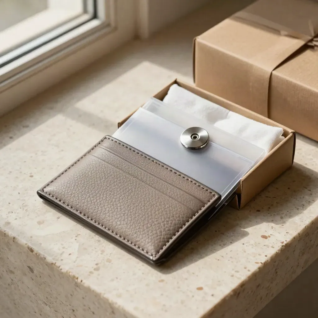 Luxury crypto card welcome kit on pale stone with wallet, sleeve and shipping box in soft daylight