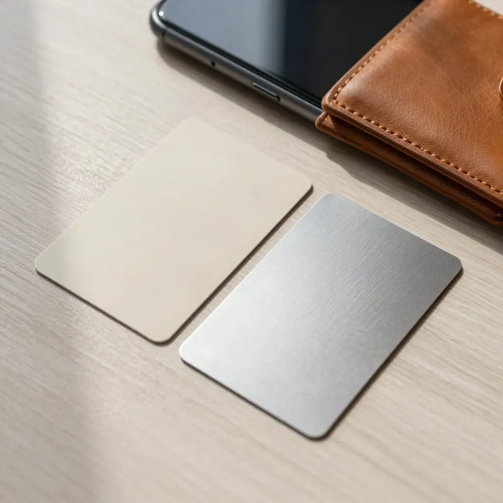 Two blank cards beside a slim phone and leather wallet on pale wood, top-down still life.