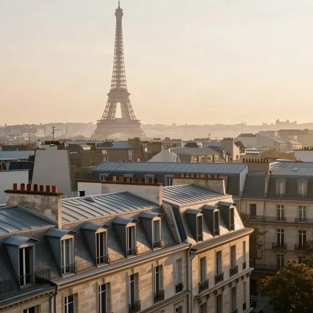 Eiffel Tower above Paris rooftops in warm dawn haze with open copy space below