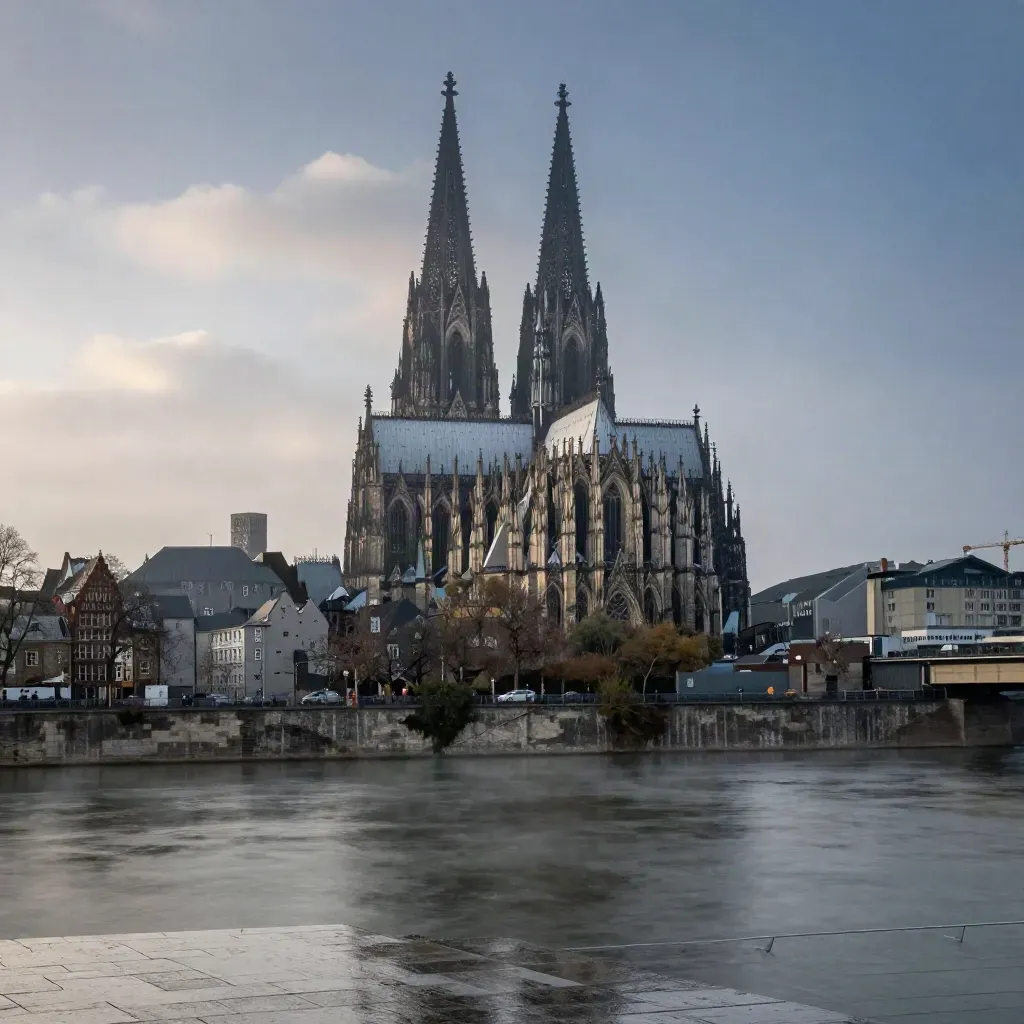 Cologne Cathedral above the Rhine embankment in blue-hour mist, wet stone foreground, calm copy space