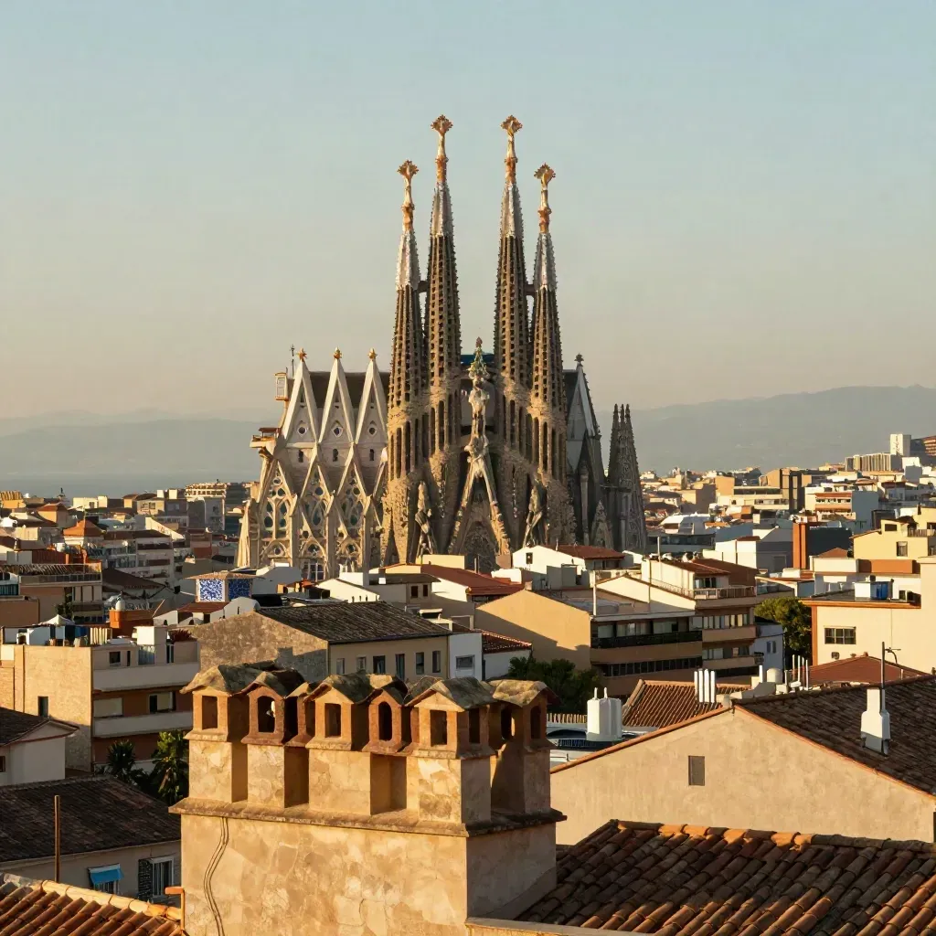 Sagrada Família above terracotta roofs in warm haze with a calm Mediterranean horizon.