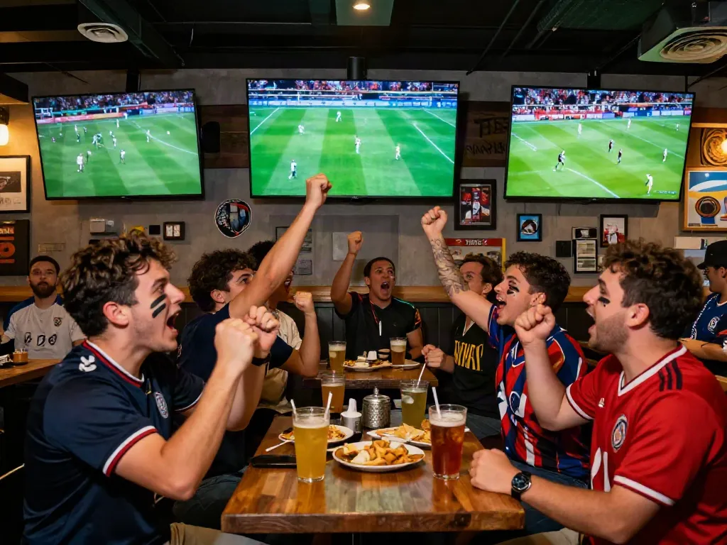 Exciting moment of fans enjoying bóng đá cakhiatv at a sports bar during a live match.