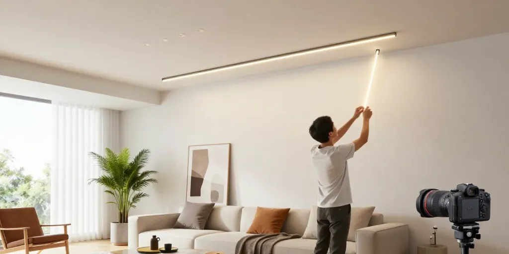Iluminatul modern cu sina magnetica incastrata în living elegant, evidențiind flexibilitatea designului interior.