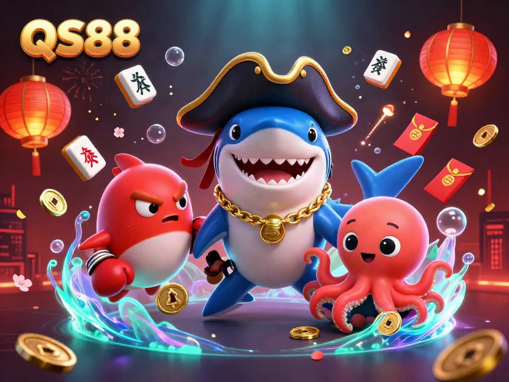 Play exciting games at QS88, where a pirate shark, pufferfish, and octopus celebrate wins with glowing casino symbols.
