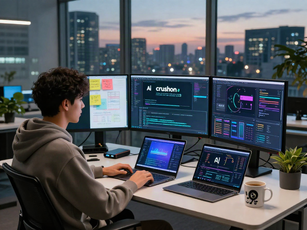 AI technology workspace showcasing crushon ai tools and coding visuals