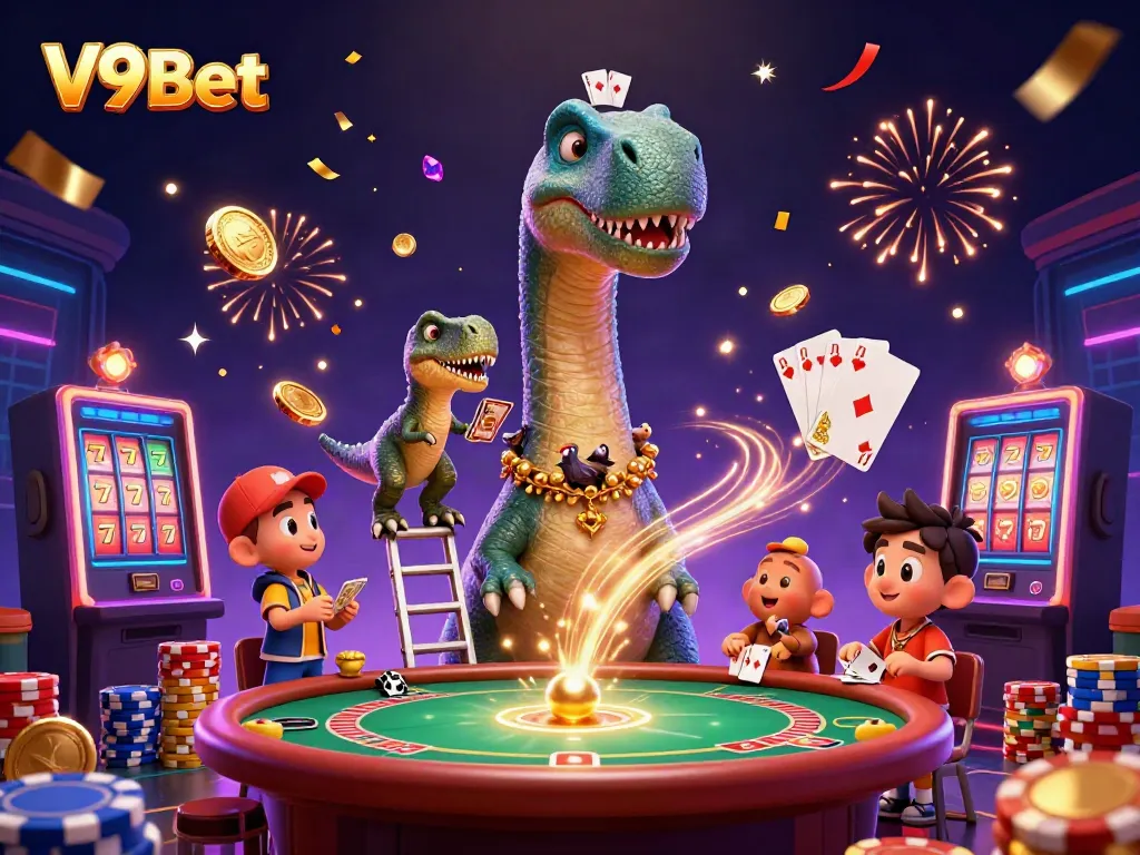 Experience a vibrant casino scene with V9Bet featuring a towering brontosaurus, dynamic poker action, and dazzling gems.