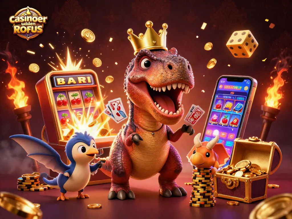 Experience the thrill at casinoer uden ROFUS with animated dinosaurs shuffling cards and stacking chips.