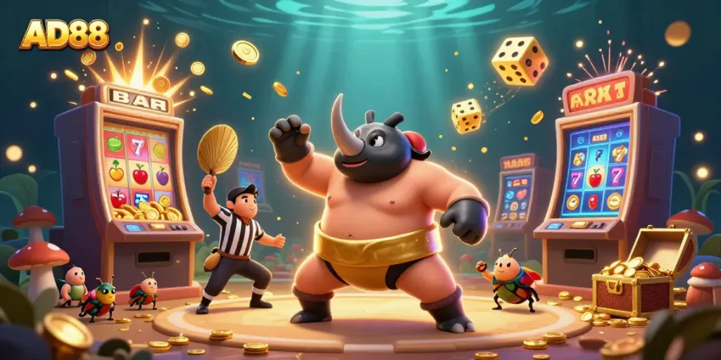 Experience the excitement of AD88 with vibrant casino elements and a dynamic beetle sumo champion illustration.