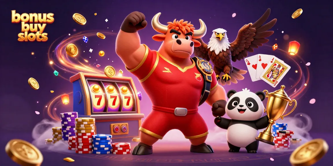 Experience thrilling bonus buy slots with an exciting 3D illustration featuring a bull champion, eagle, and panda!